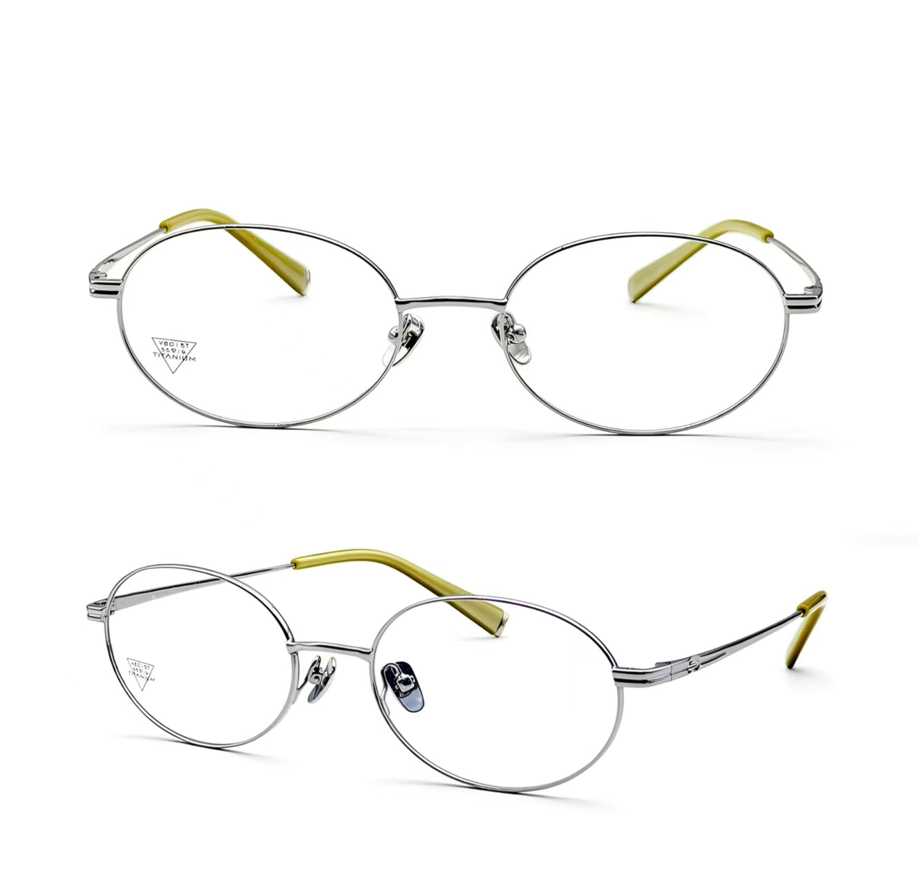 Silver titanium oval full-rim glasses, front and 45-degree product views
