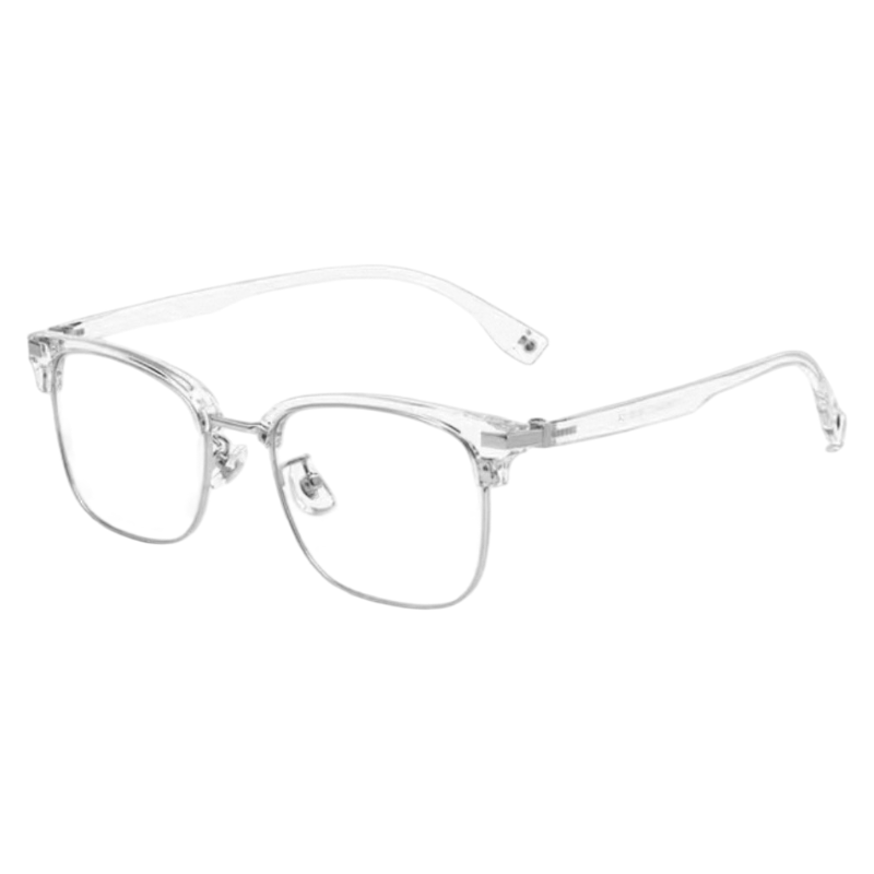 Crystal Clear artistic vintage rectangular profile semi-rimless eyeglass frame, three-quarter product view
