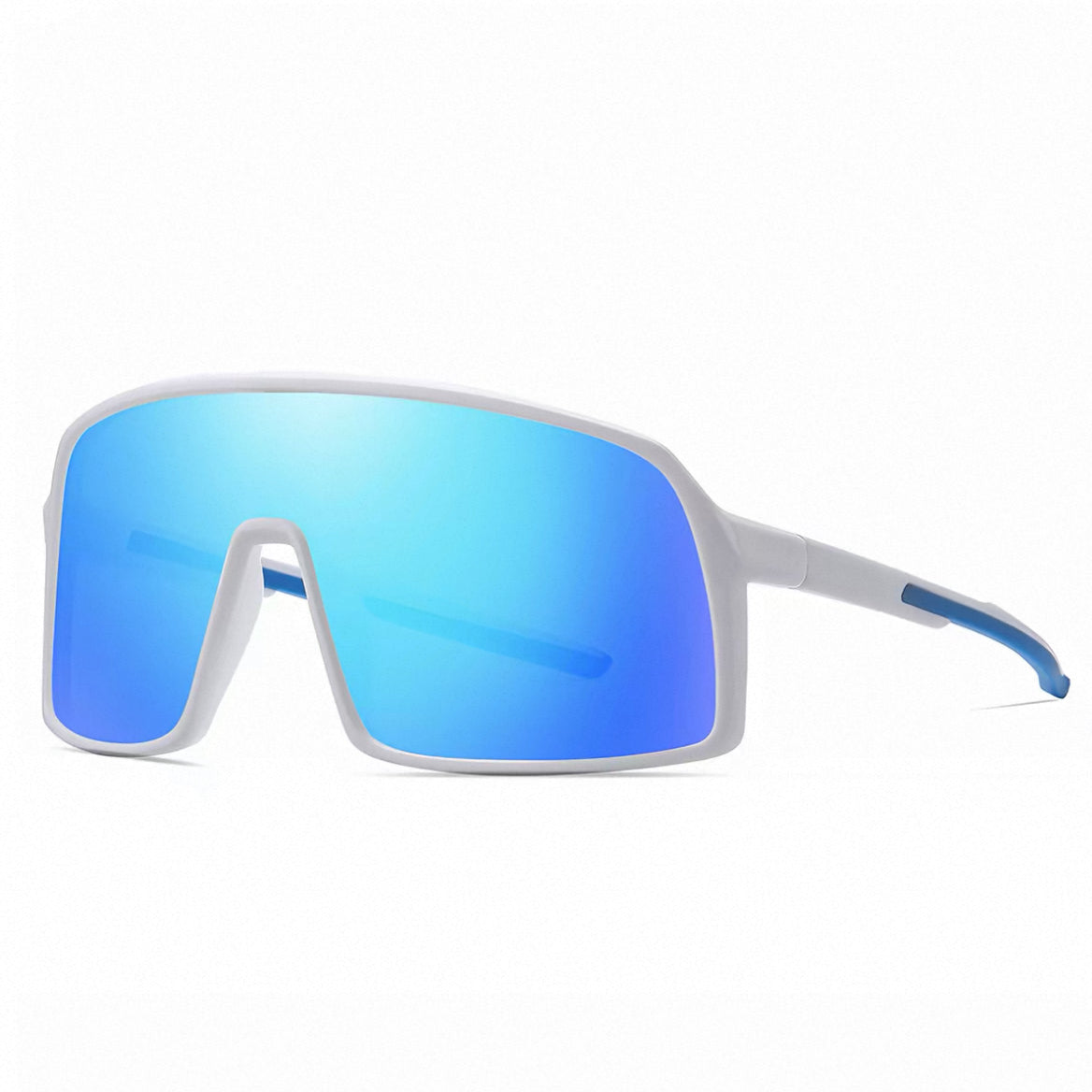White Frame/Blue Lens unisex tr shield sunglasses, 45-degree view