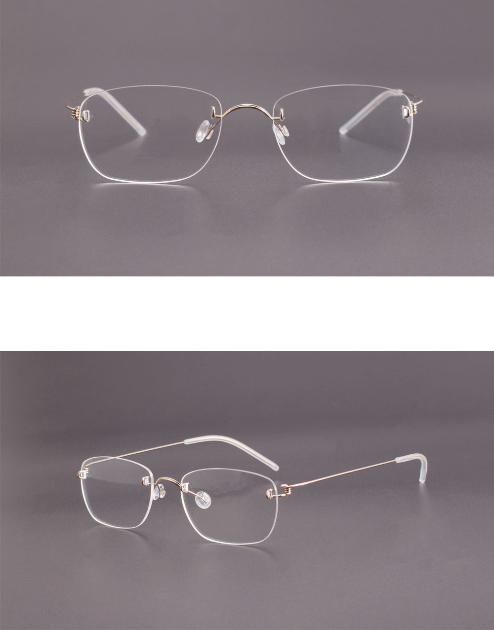 Gold men's titanium rimless spring-hinge glasses, front and 45-degree composite