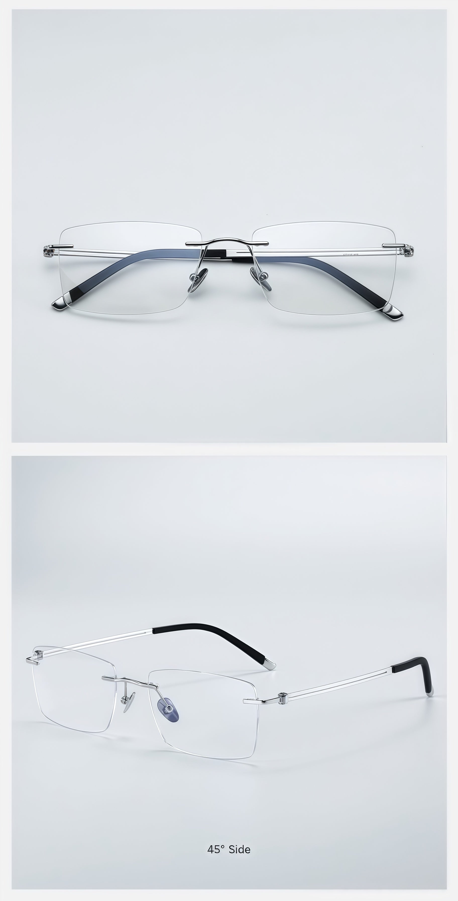 Silver pure titanium rectangular rimless glasses, original front and 45-degree product detail