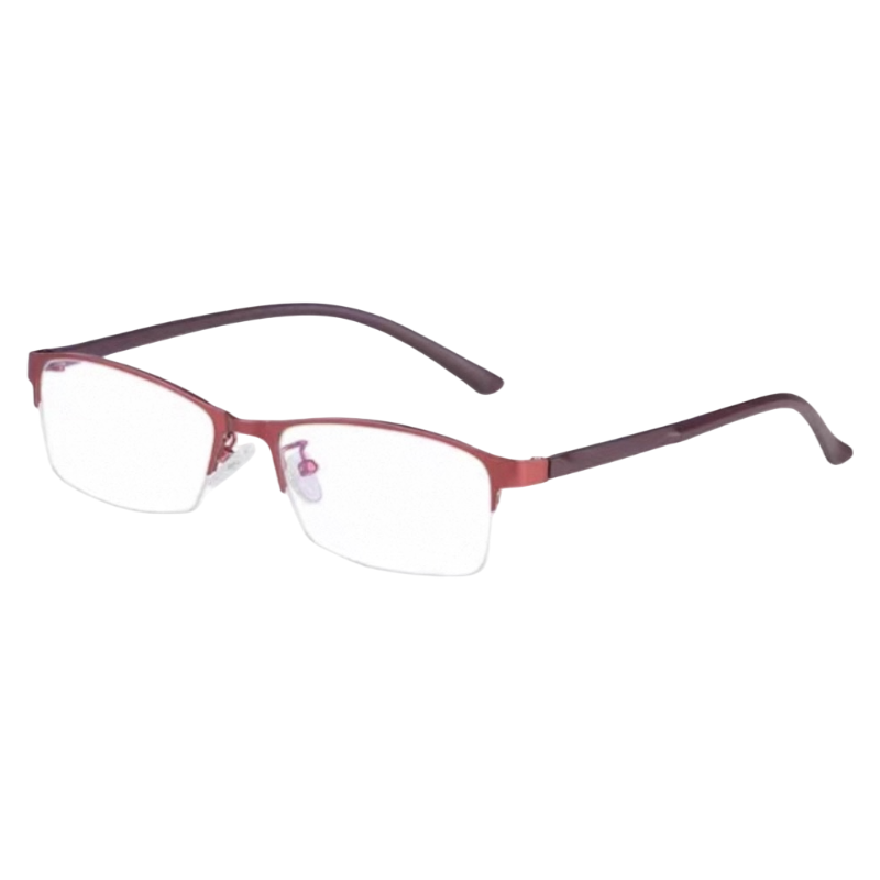Red slim business-casual rectangular profile semi-rimless eyeglass frame, three-quarter product view