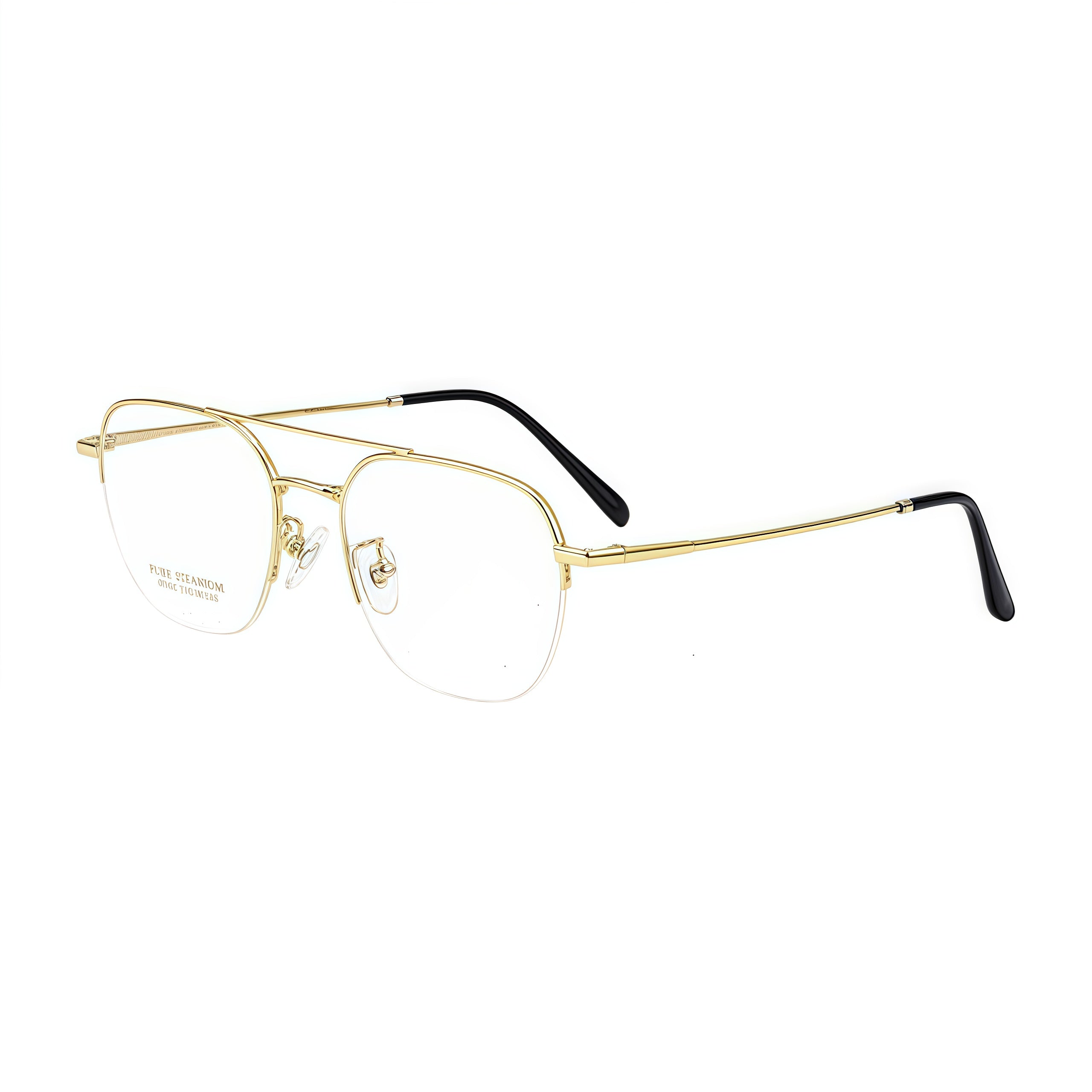 Gold unisex pure titanium double-bridge semi-rimless glasses, 45-degree product view