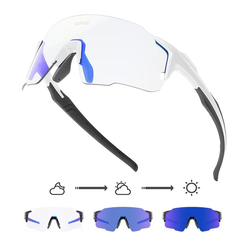 White/Black Frame/Photochromic Blue Lens unisex tr90 wraparound shield sunglasses, detail-01 view