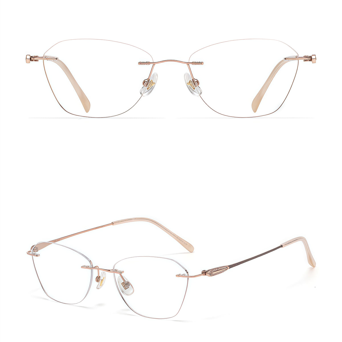 Rose Gold women's titanium rimless leaf-filigree glasses, front and 45-degree composite