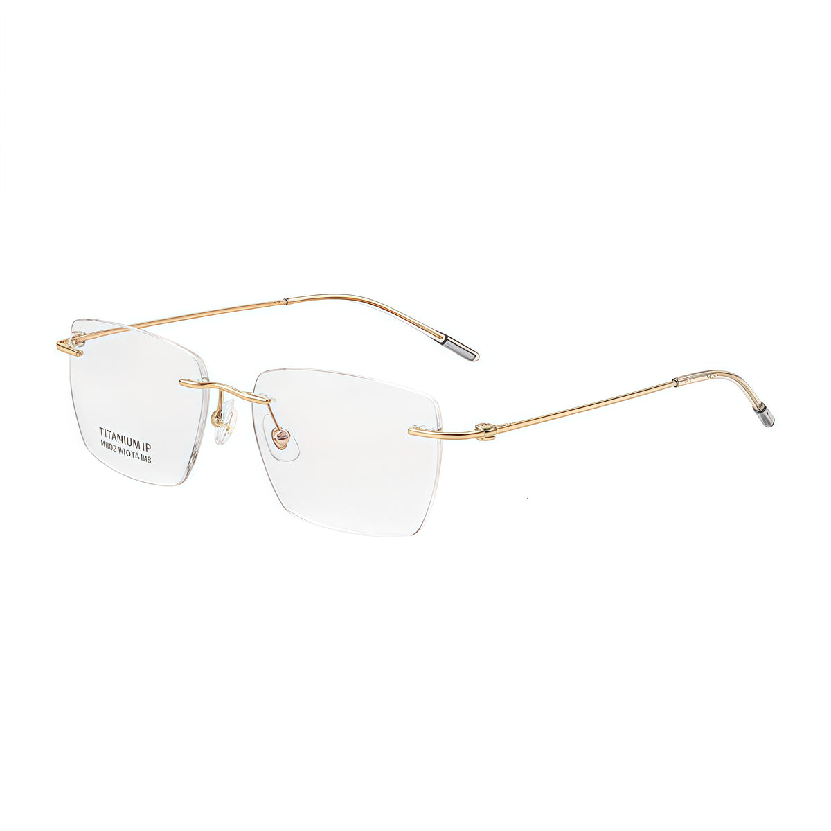 Gold unisex pure titanium rectangular rimless eyeglasses, 45-degree view