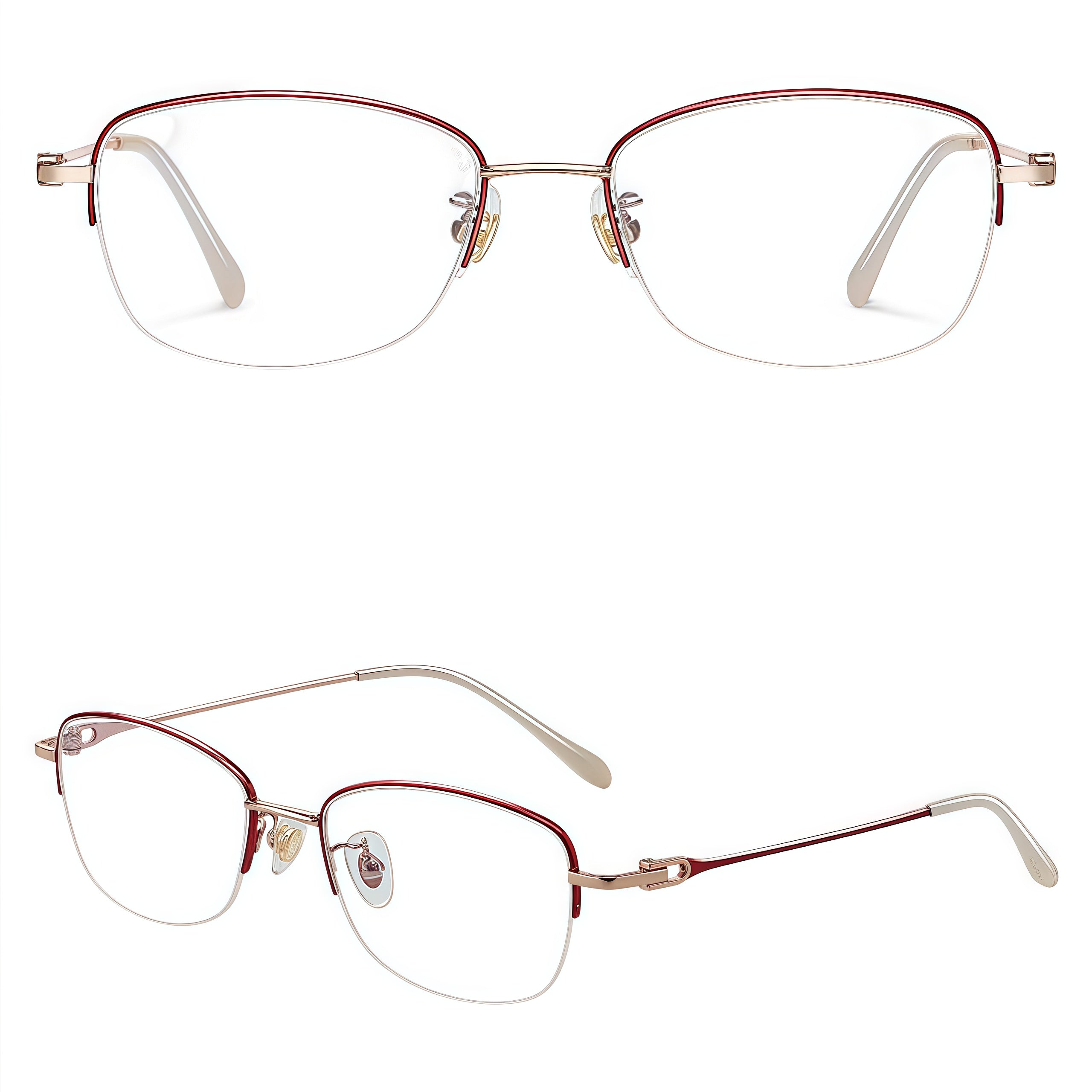 Red/Rose Gold women's titanium semi-rimless glasses, front and 45-degree composite detail