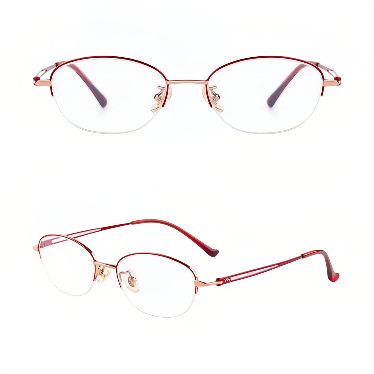 Red and Rose Gold artistic semi-rimless glasses, original front and 45-degree views