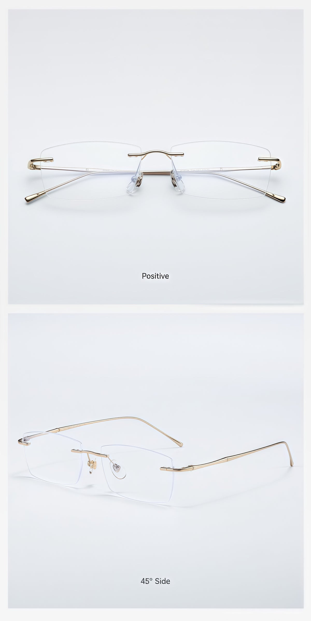 Gold beta-titanium rectangular rimless glasses, original front and 45-degree product detail