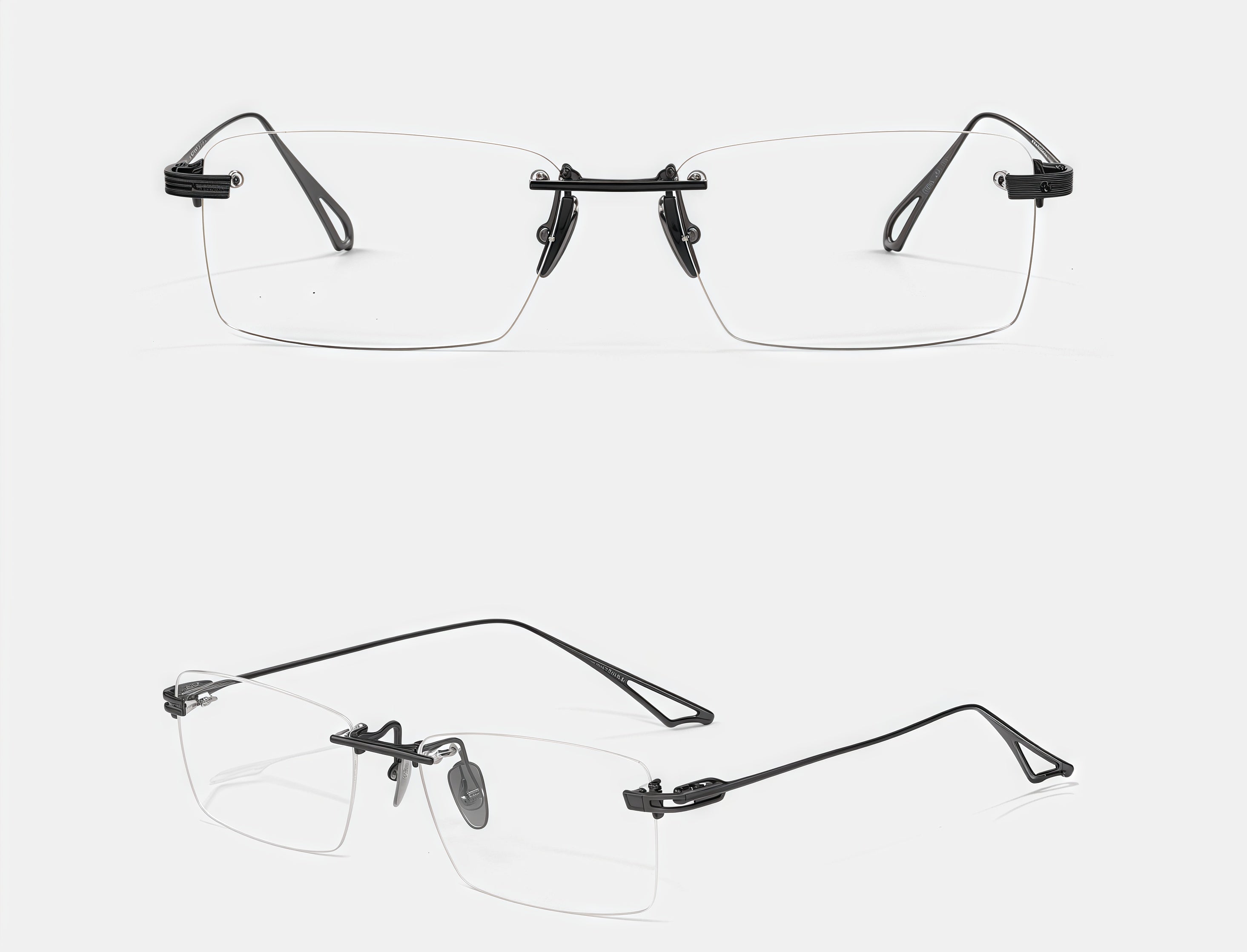 Gunmetal men's titanium rimless open-loop glasses, front and 45-degree composite