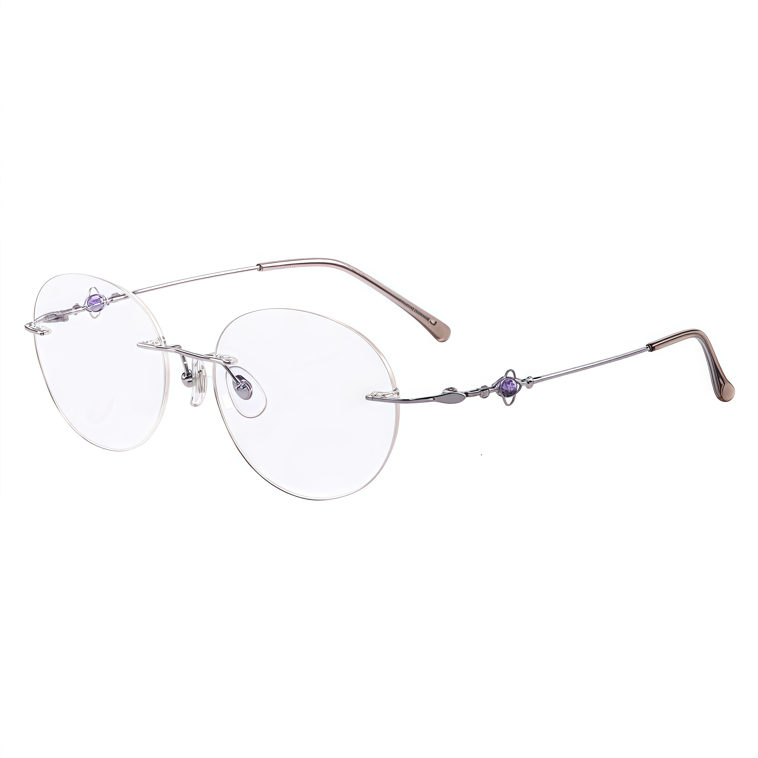 Silver women titanium rounded cat-eye rimless eyeglasses, 45-degree view