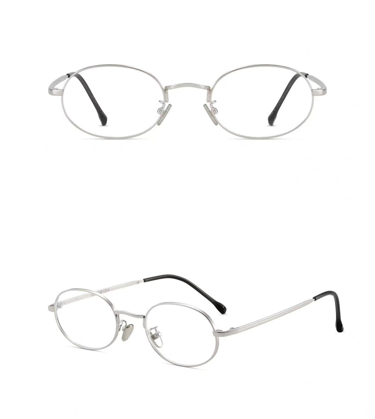Silver unisex small-fit alloy oval full-rim glasses, original front-and-45-degree composite detail