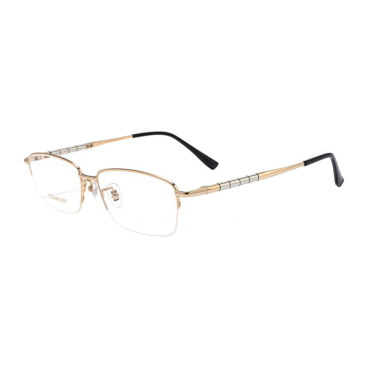 Gold men's semi-titanium rectangular semi-rimless glasses, 45-degree product view
