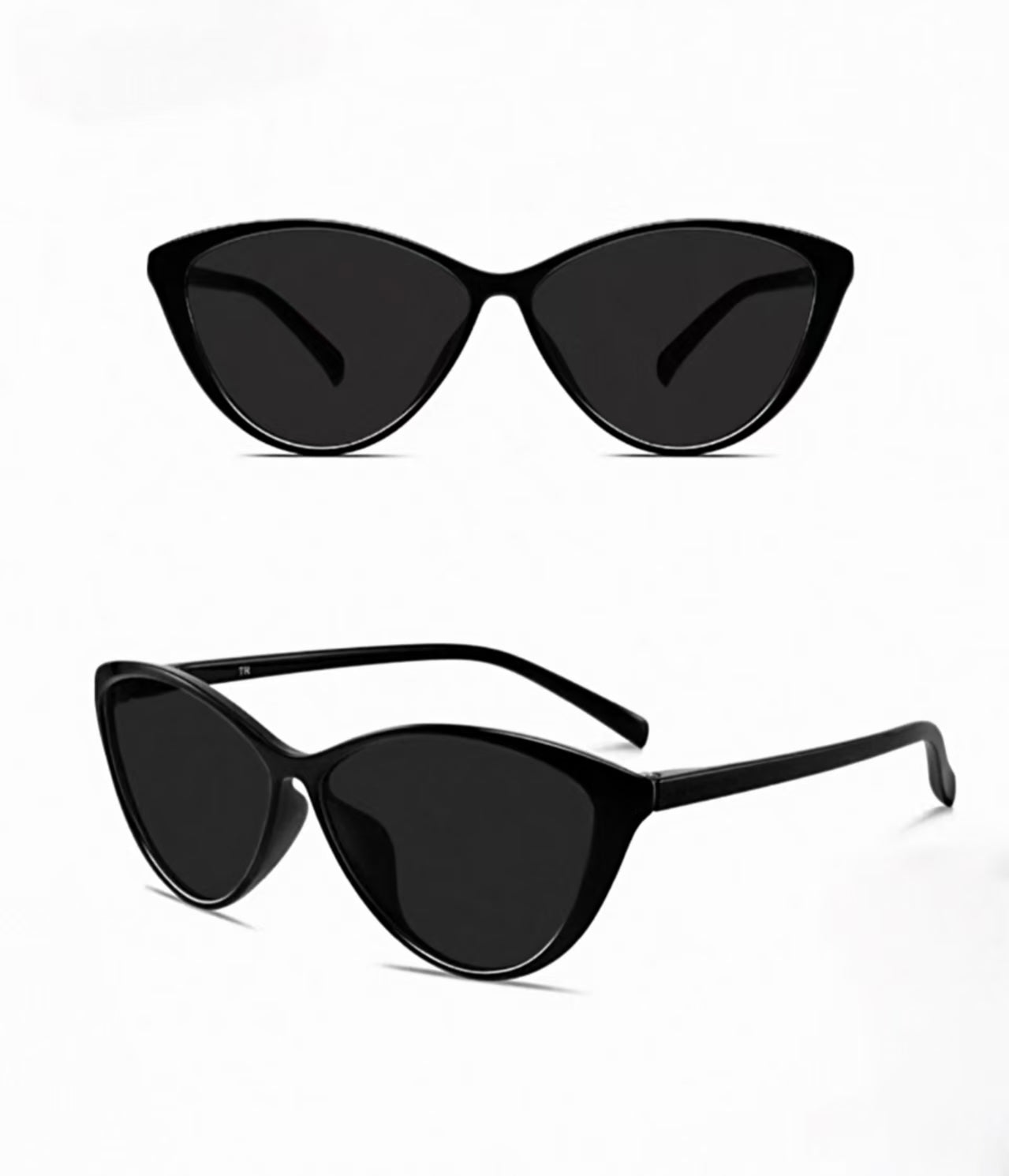 Women’s Black full-rim cat-eye sunglasses, front and three-quarter views