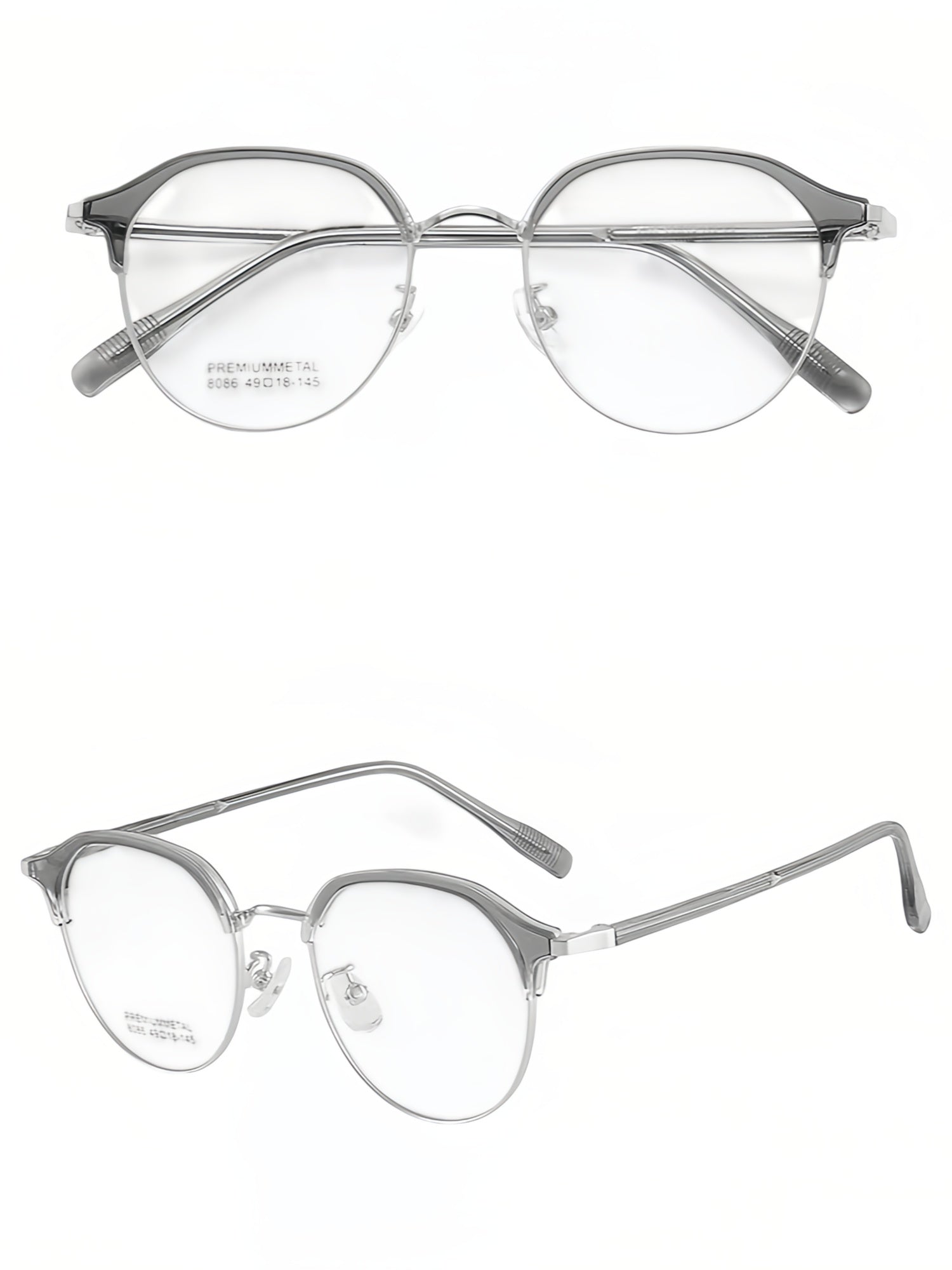 Crystal Grey and Silver vintage semi-rimless browline glasses, original front and 45-degree views