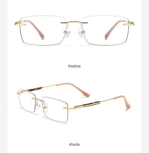 Gold men's alloy rimless rectangular inlay-temple glasses, front and 45-degree composite