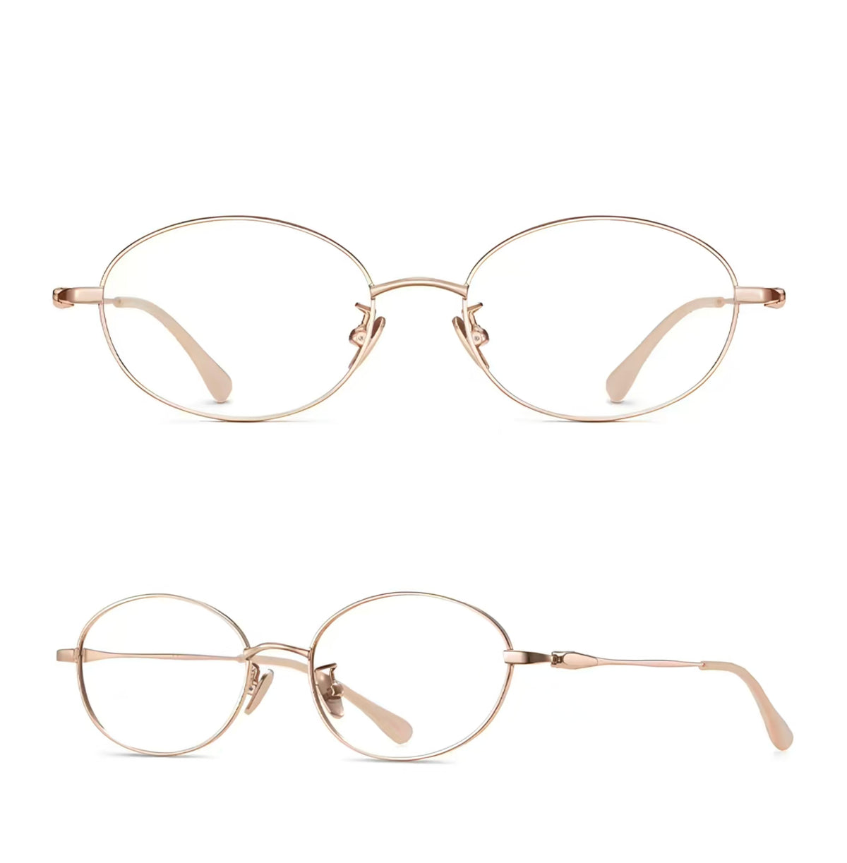 Rose Gold women's ultralight titanium-alloy oval glasses, supplier front and 45-degree composite detail