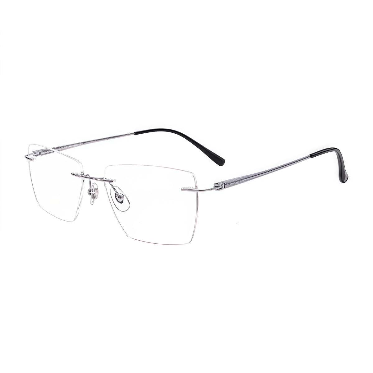 Silver men's titanium rimless rectangular glasses, supplier composite detail