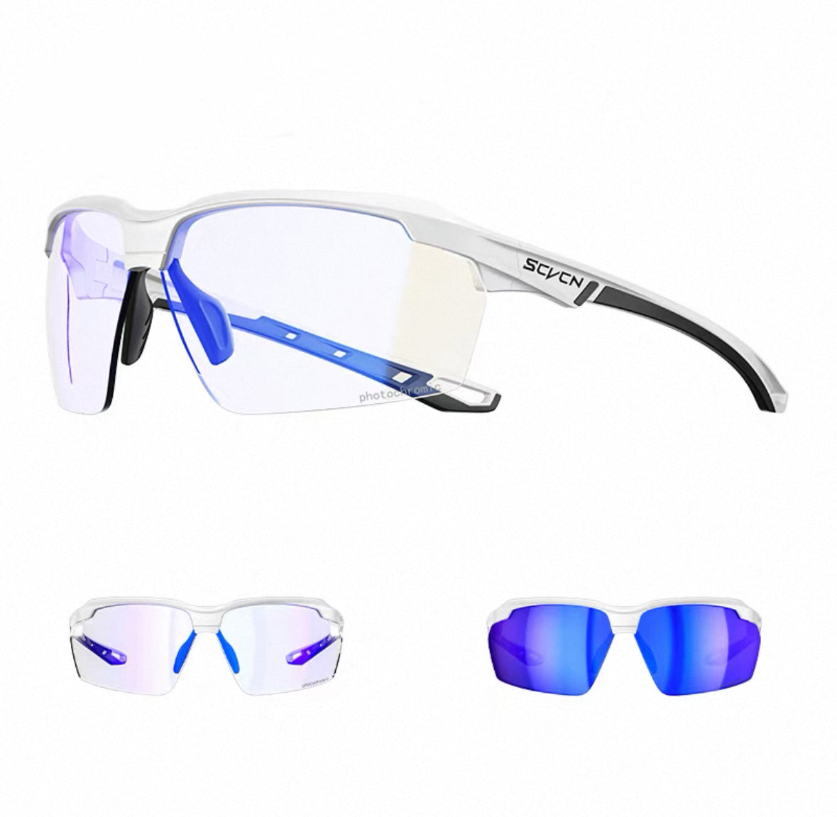 White Frame/Photochromic Blue Lens front and 45-degree product views of Day & Night Outdoor Sports Sunglasses