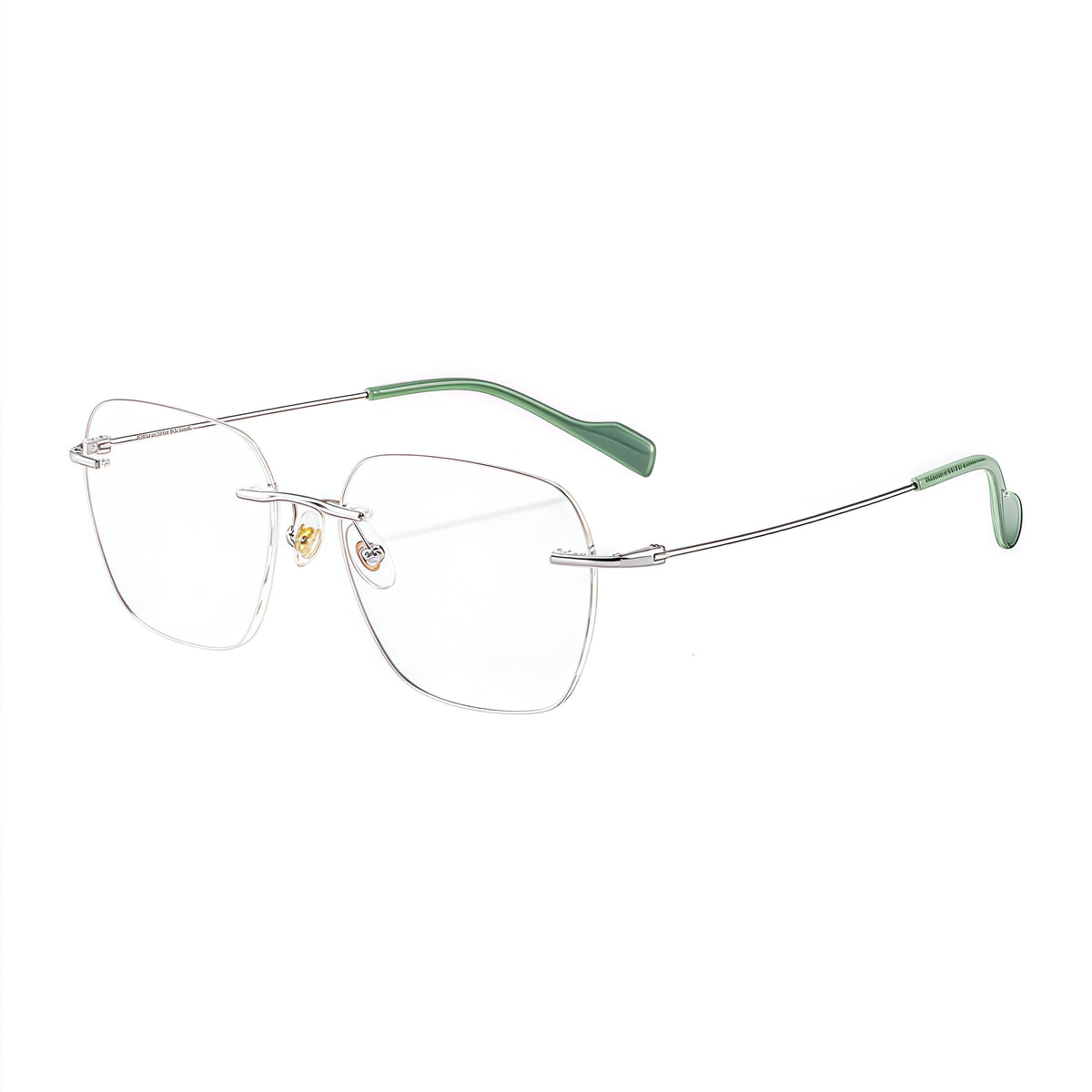 Silver rimless soft-square pure titanium eyeglass frames, supplier front and angle reference