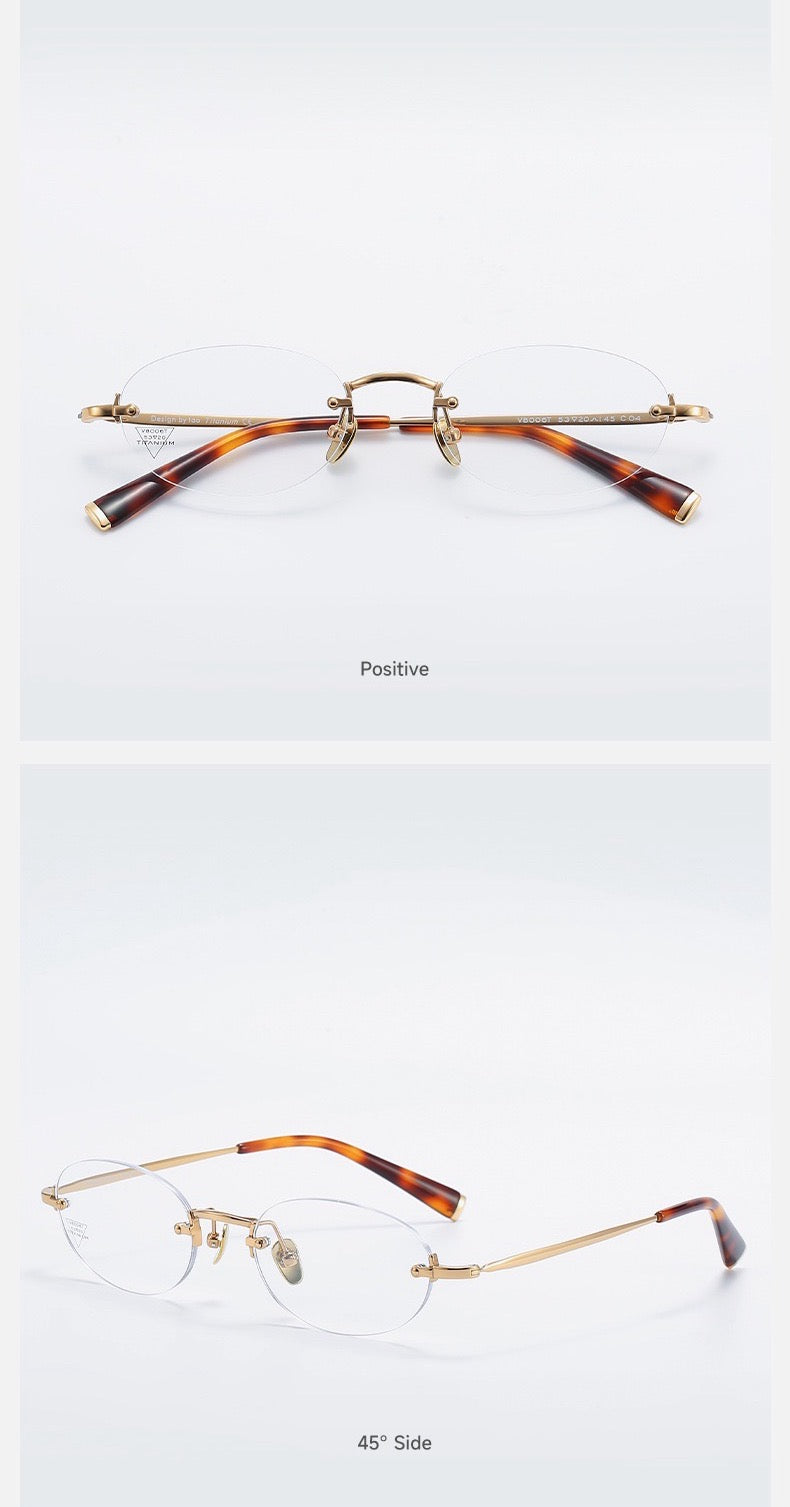 Gold/Tortoise women's titanium-acetate rimless rounded oval glasses, supplier front and three-quarter views