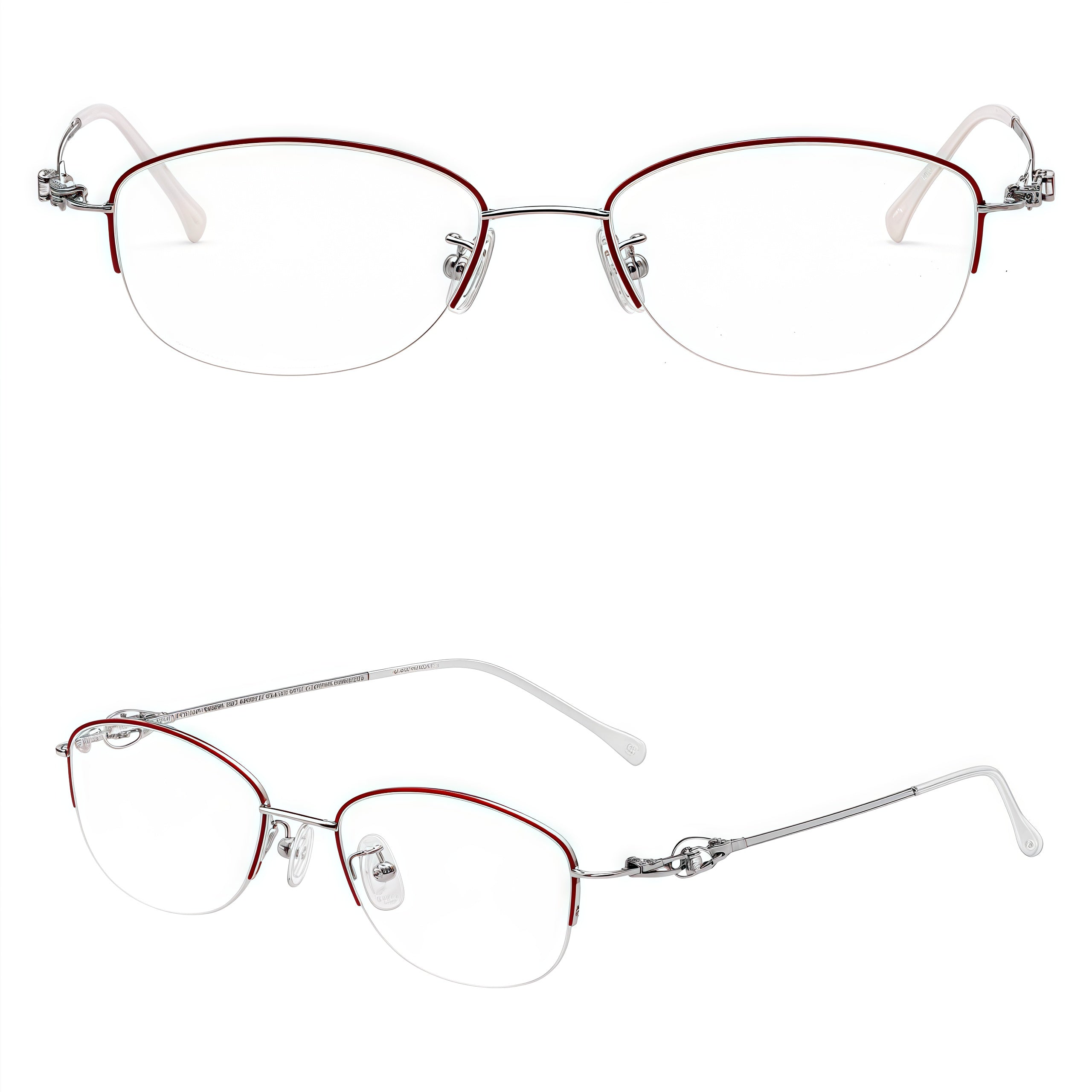 Red/Silver alloy semi-rimless glasses, front and 45-degree composite detail