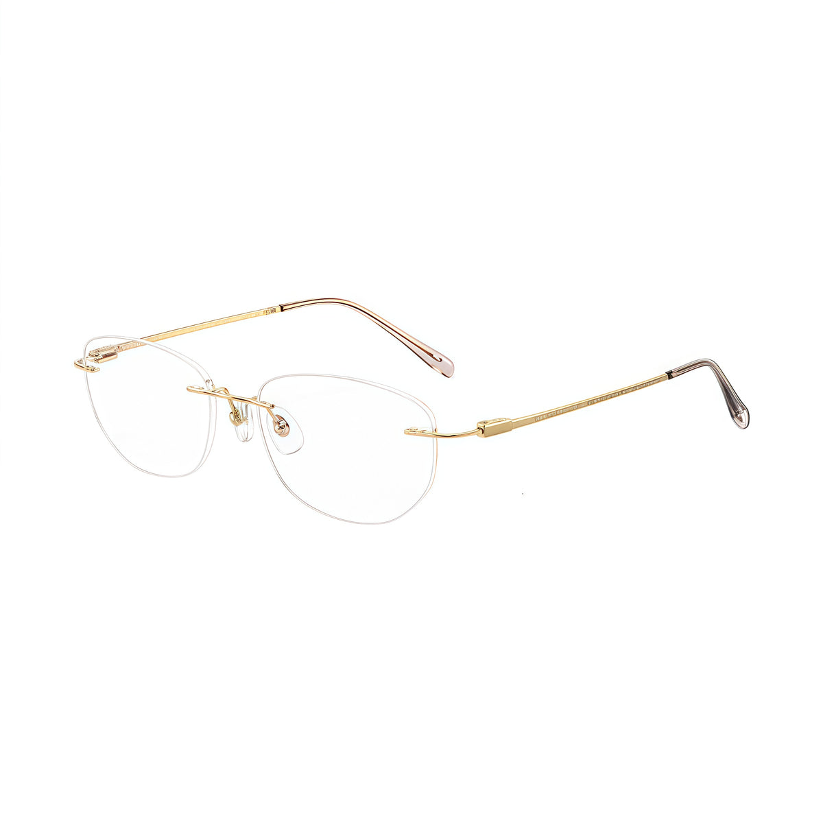 Gold rimless round titanium eyeglass frames, supplier front and angle reference