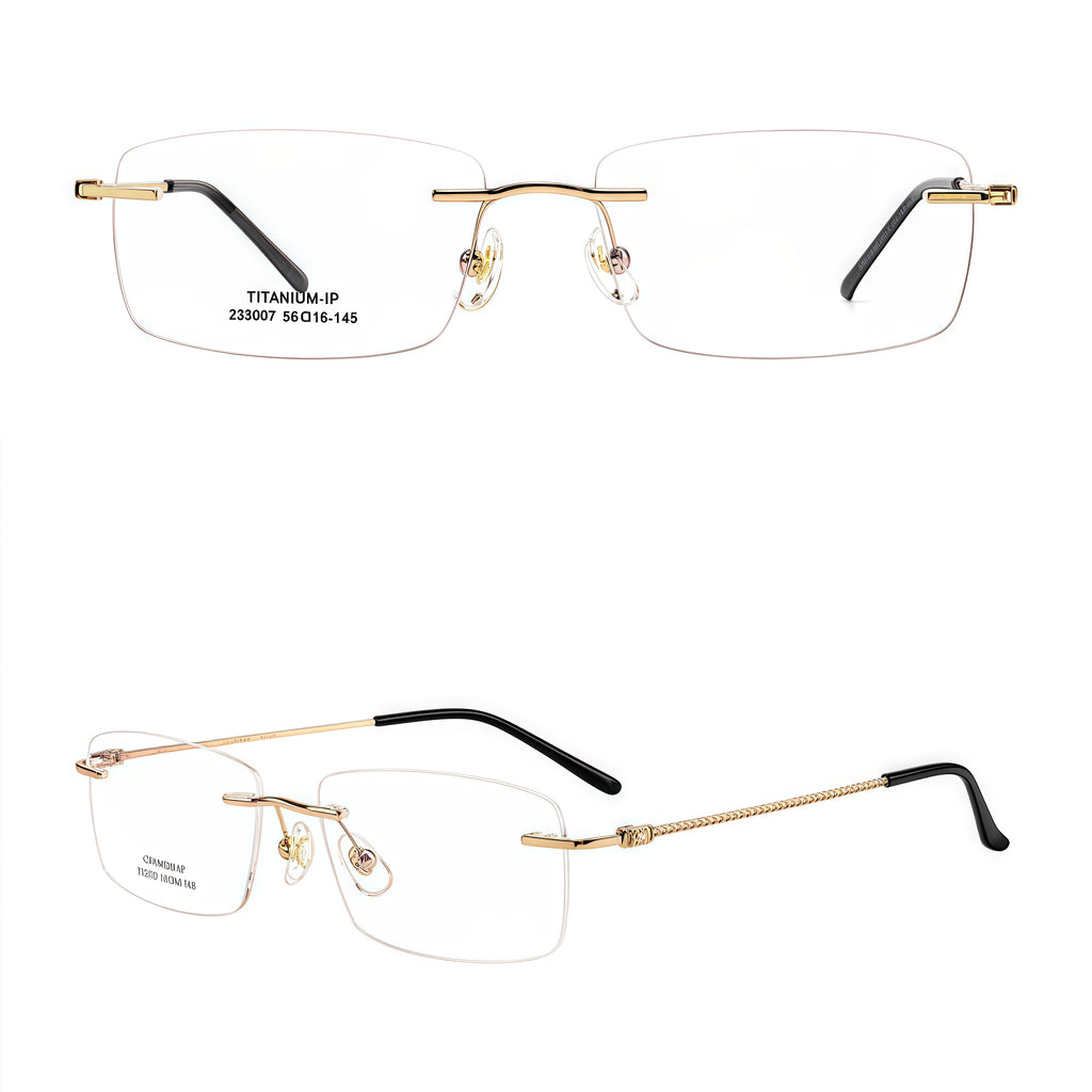 Gold semi-titanium rimless glasses, front and 45-degree composite detail