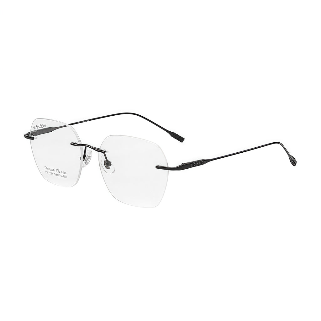 Black unisex pure titanium soft-square rimless eyeglasses, 45-degree view