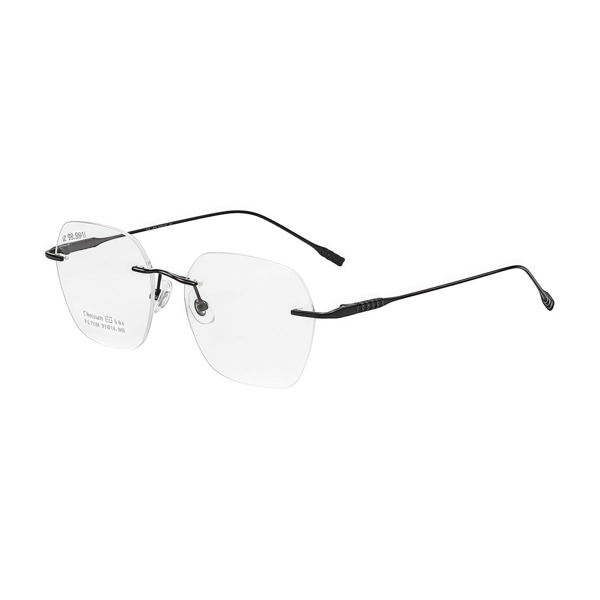 Black unisex pure titanium soft-square rimless eyeglasses, 45-degree view
