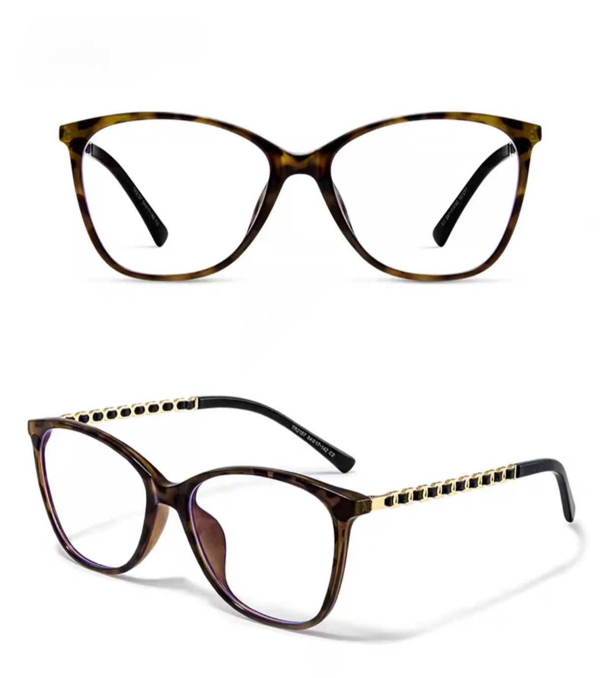 Tortoise Shell square full-rim eyeglass frame, front and three-quarter product views