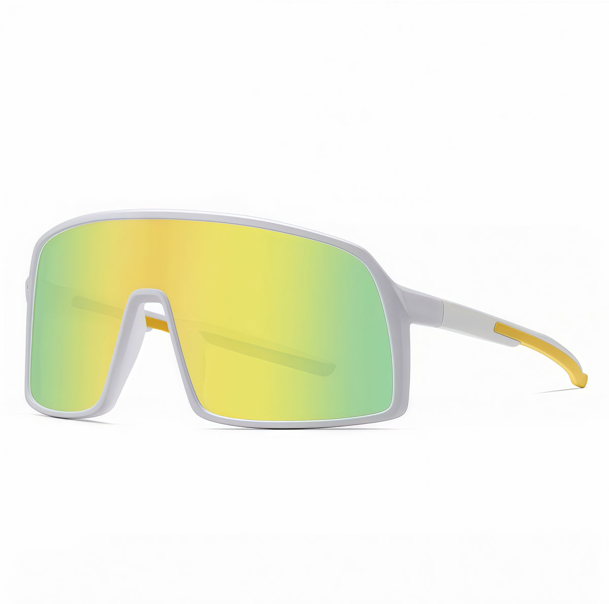 White Frame/Gold Green Lens unisex tr shield sunglasses, 45-degree view