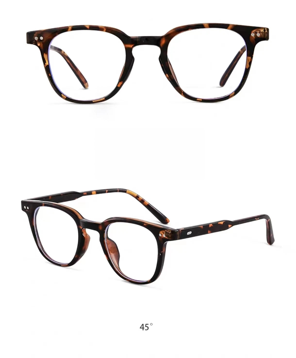 Tortoise Shell square full-rim eyeglass frame, front and three-quarter product views