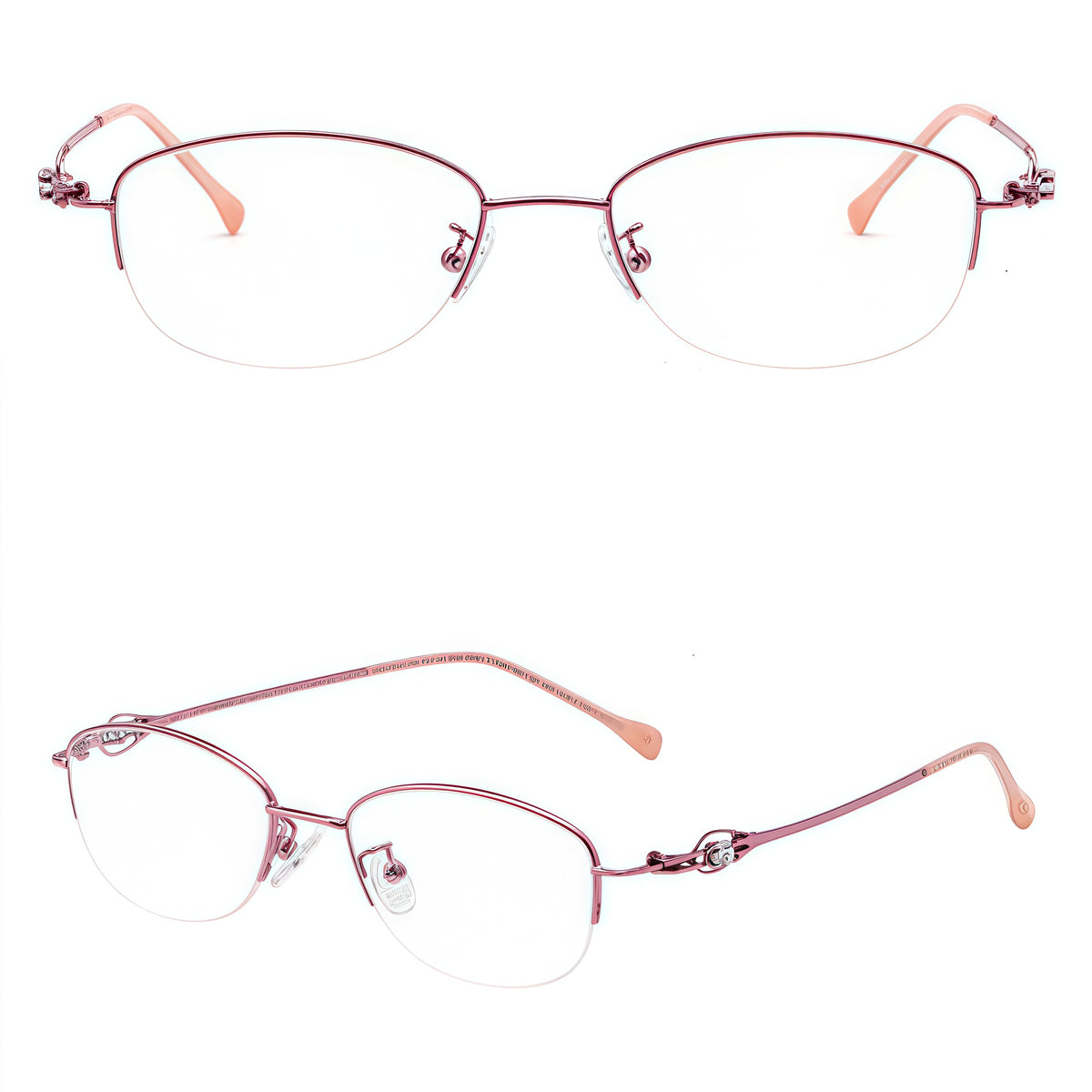 Pink alloy semi-rimless glasses, front and 45-degree composite detail