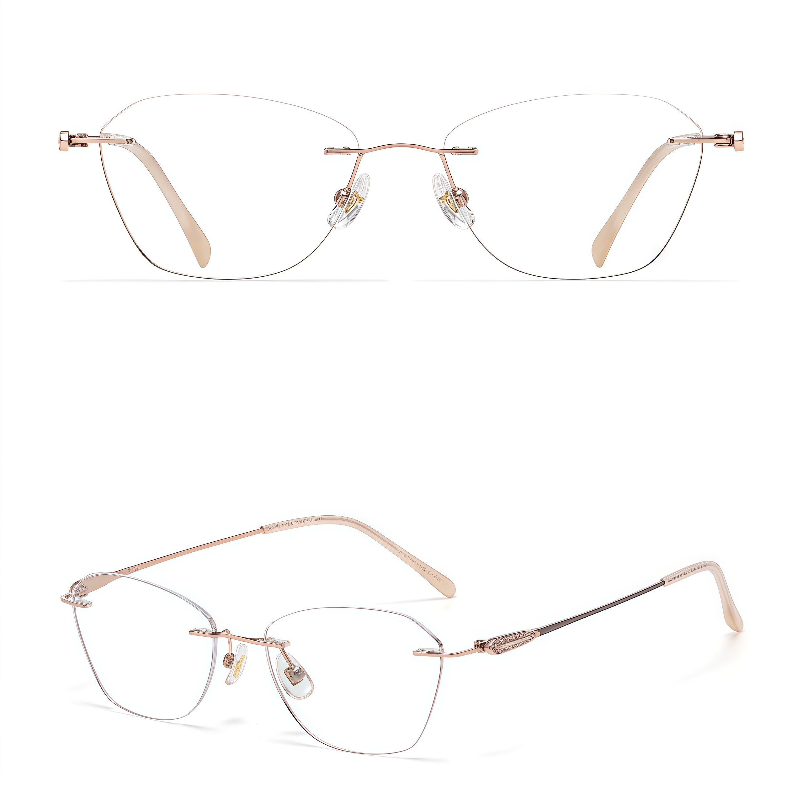 Rose Gold front and 45-degree product views of Timeless Vintage Minimalist Rimless Eyeglasses