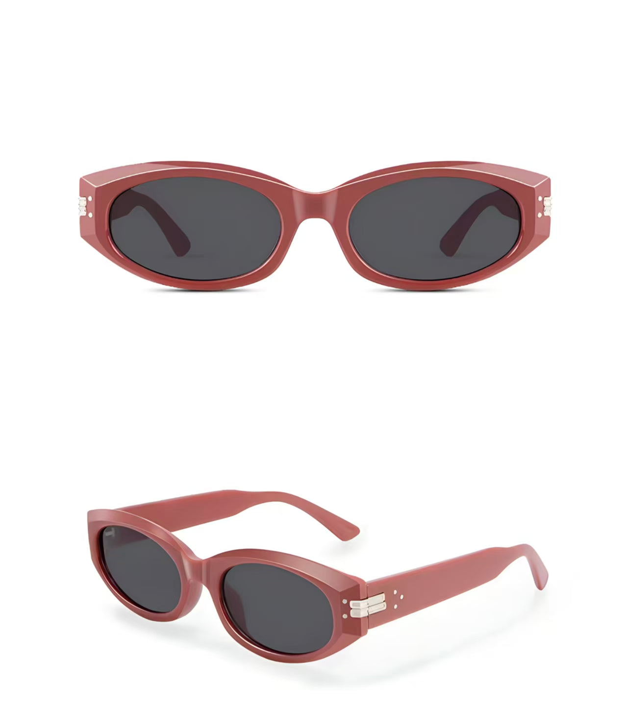 Women’s Red Orange full-rim narrow oval sunglasses, front and three-quarter product views
