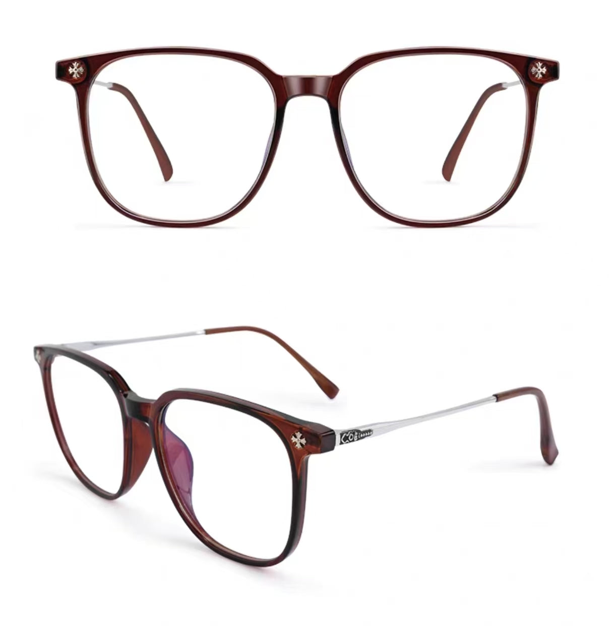 Silver Amber Brown oversized square full-rim eyeglass frame, front and three-quarter product views