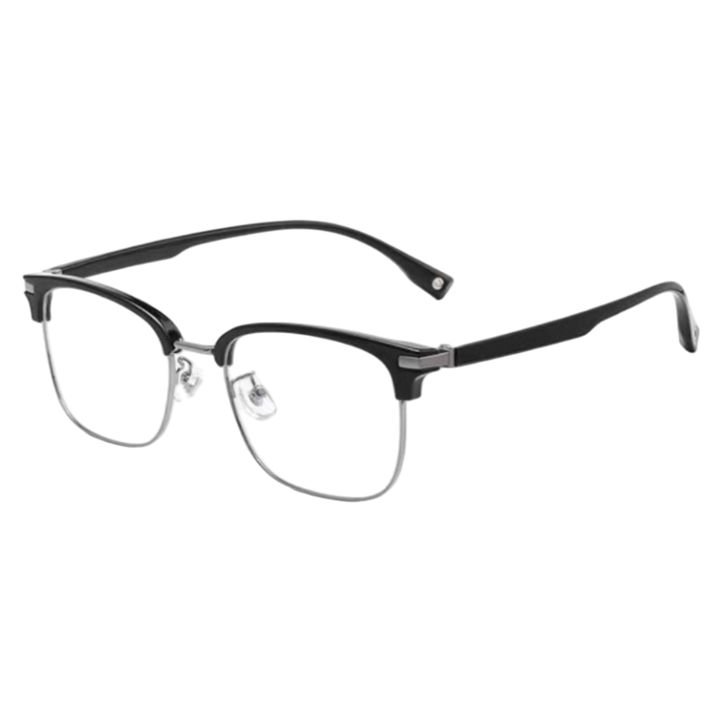 Black and Gunmetal artistic vintage rectangular profile semi-rimless eyeglass frame, three-quarter product view