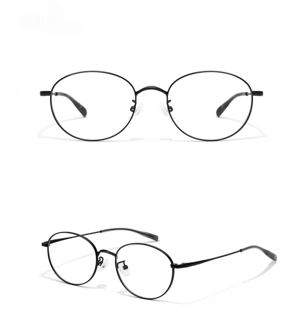 Black thin-wire oval full-rim glasses, original front and 45-degree views