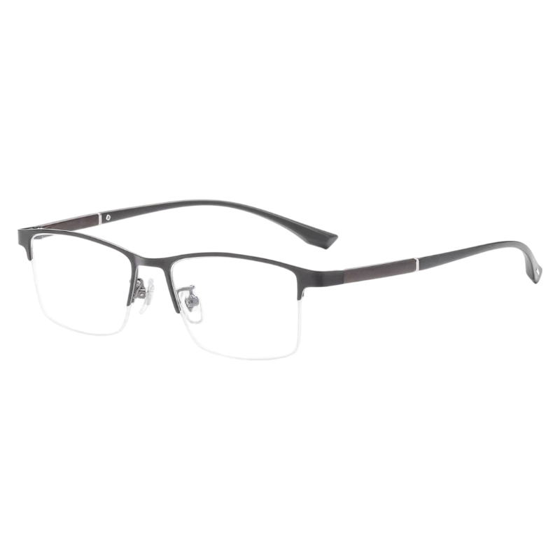 Black and Gunmetal clean business rectangular profile semi-rimless eyeglass frame, three-quarter product view