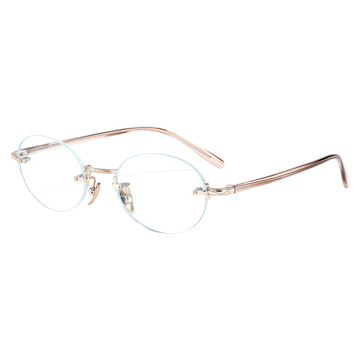 Gold/Pink rimless oval titanium and acetate eyeglass frames, supplier front and angle reference