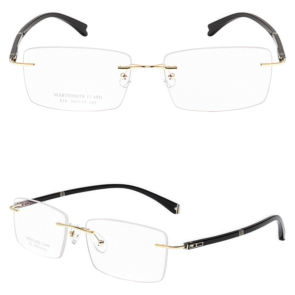 Gold men's alloy rimless rectangular double-slot-temple glasses, supplier composite detail