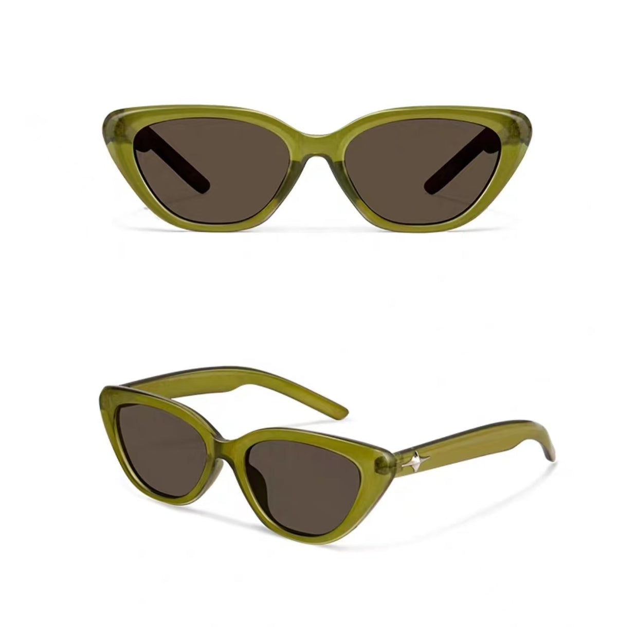Women’s Olive Green full-rim cat-eye sunglasses, front and three-quarter product views