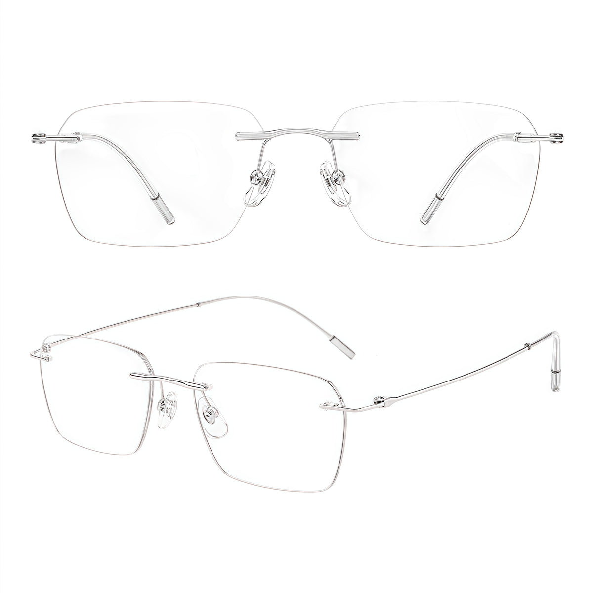 Silver titanium softly squared rimless glasses, original front and 45-degree product detail