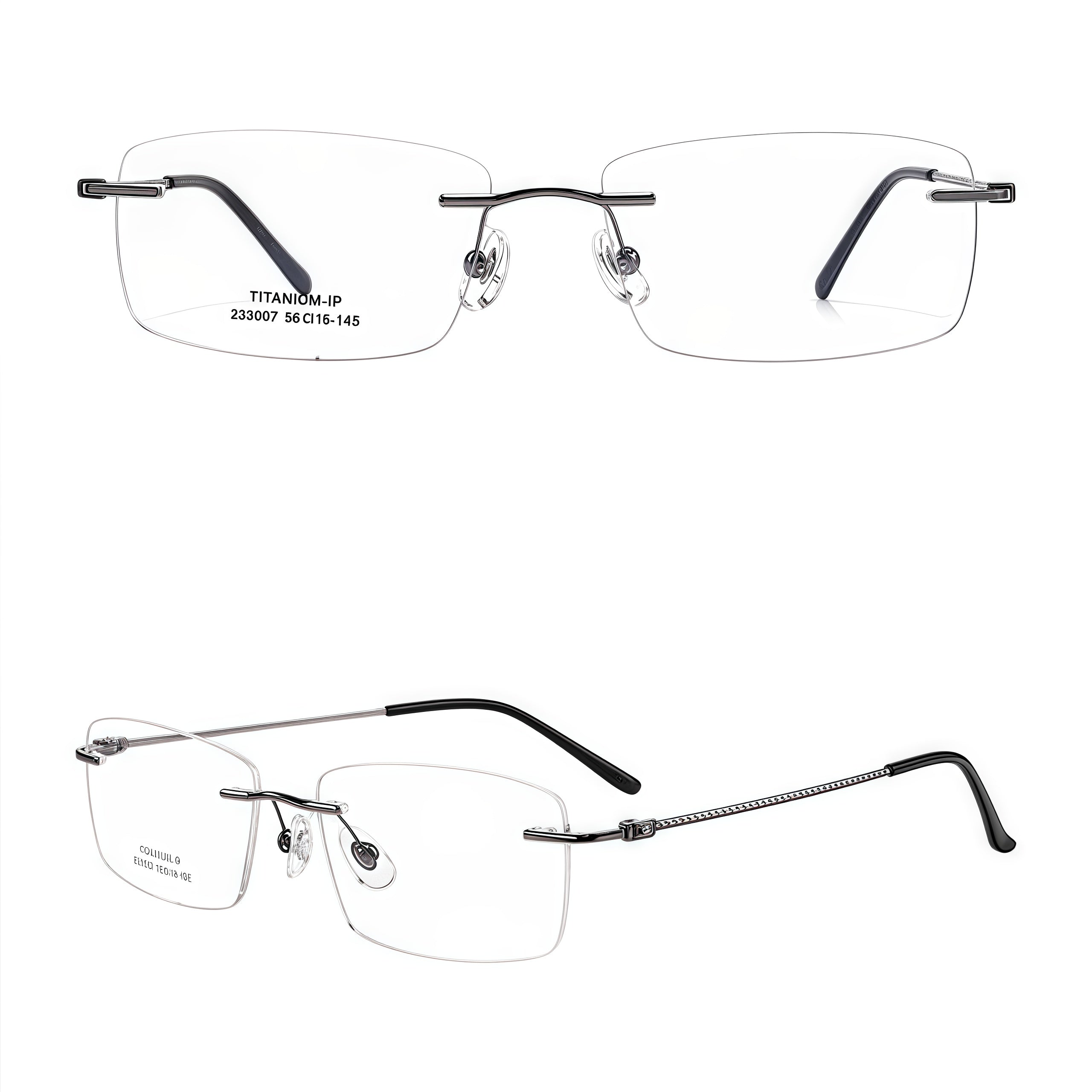 Gunmetal semi-titanium rimless glasses, front and 45-degree composite detail