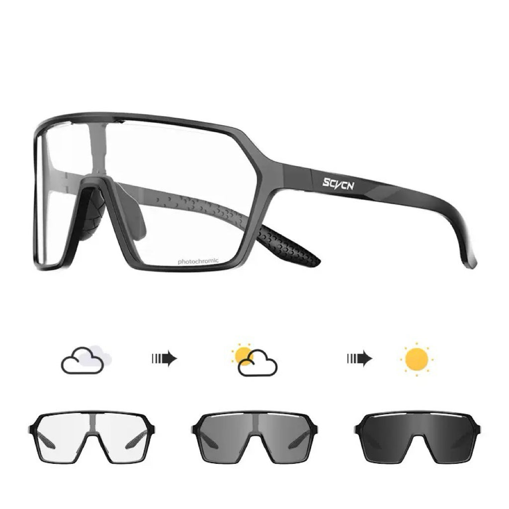 Matte Black Frame/Photochromic Grey Lens unisex tr90 rectangular shield sunglasses, 45-degree view