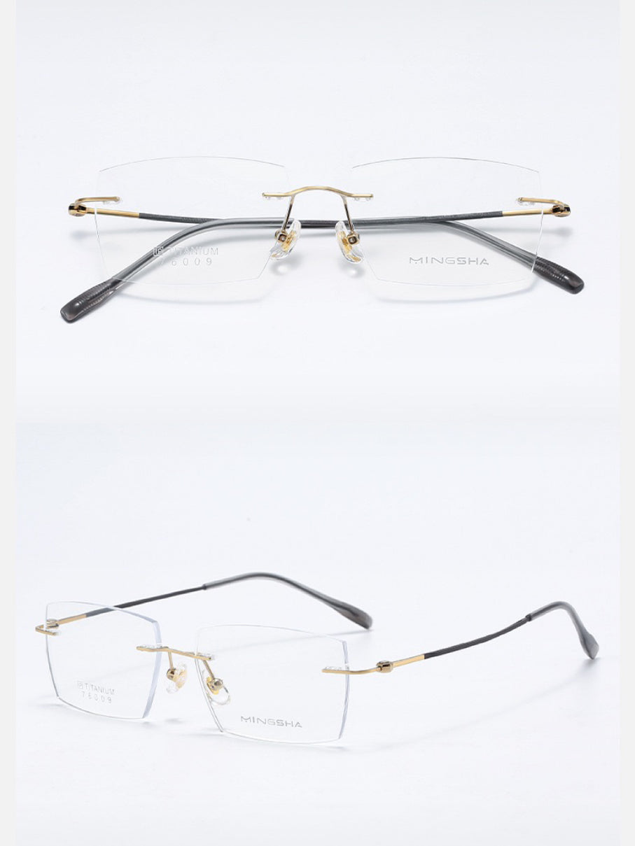 Gold men's semi-titanium geometric rectangular rimless eyeglass frames, product views