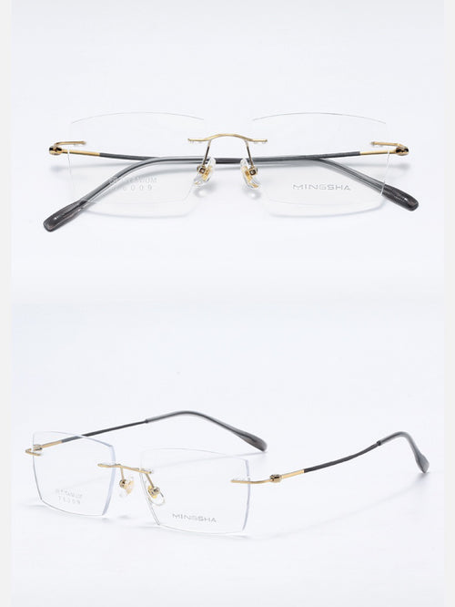 Gold men's semi-titanium geometric rectangular rimless eyeglass frames, product views
