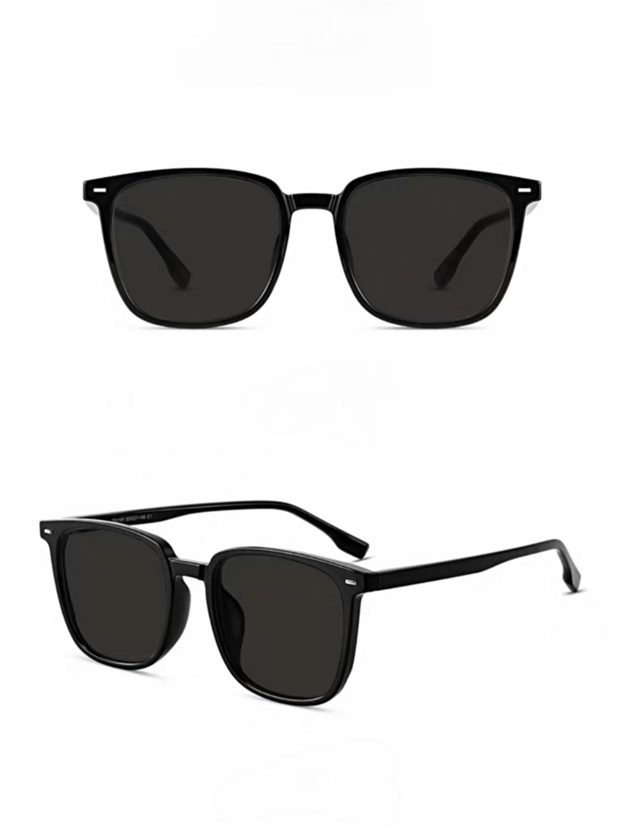 Men’s Black full-rim square sunglasses, front and three-quarter product views