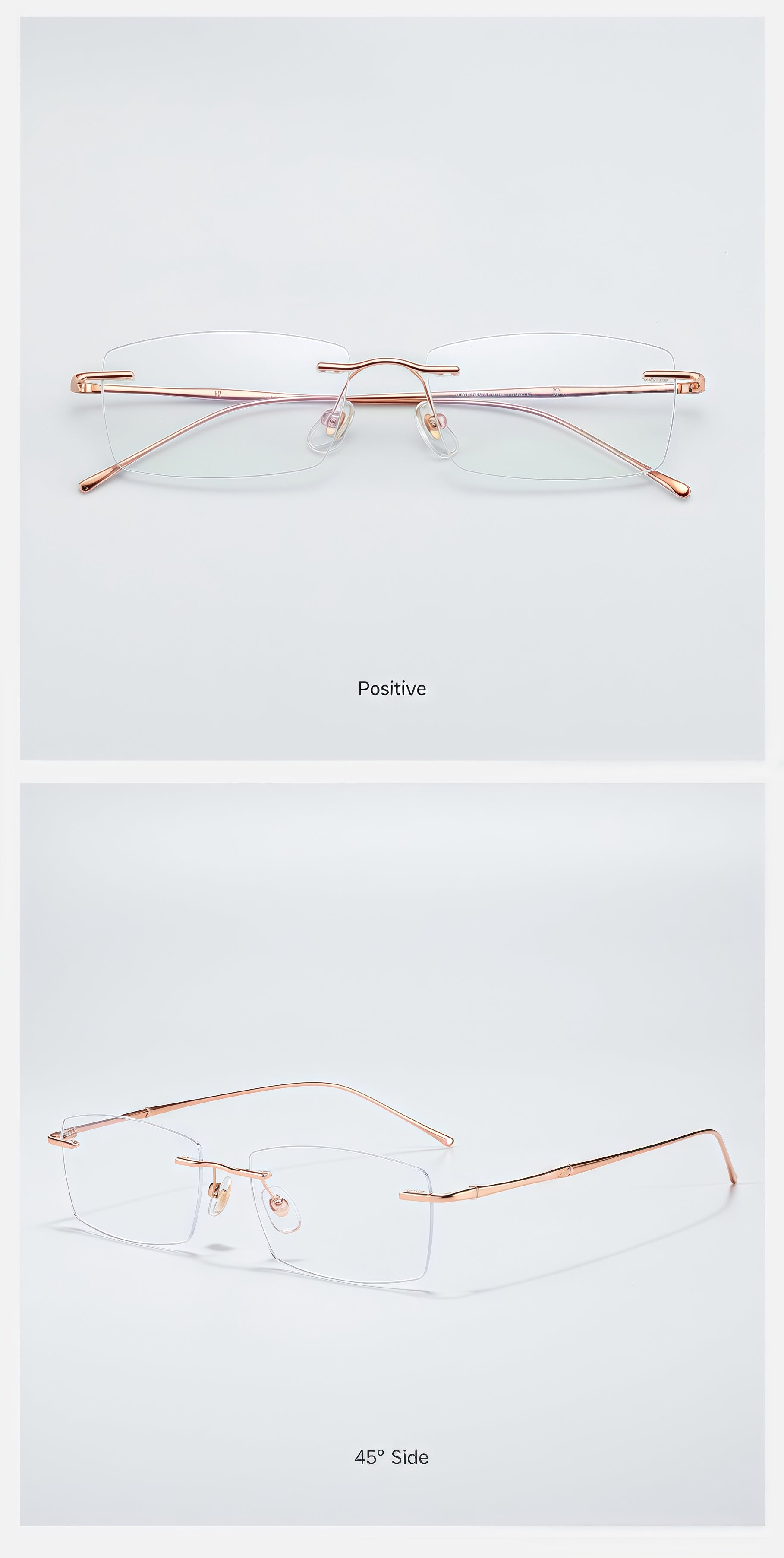 Rose Gold beta-titanium rectangular rimless glasses, original front and 45-degree product detail